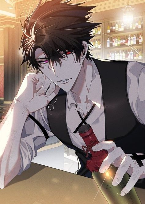 Bartender Oc Male, Bartender Art Male, Bartender Aesthetic Male, Bartender Character Design, Bartender Anime, Black Hair Boy, Anime Male, Anime Demon Boy, Yandere Boy