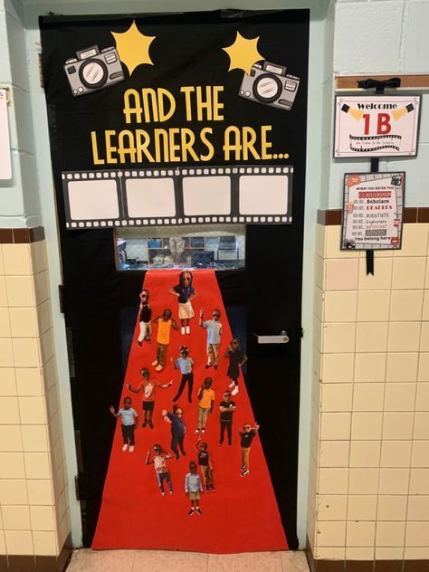 Movie Theme Door Decorations Classroom, Red Carpet Classroom Door, Movie Themed Classroom Door, Movie Themed Door Decorations, Movie Themed Bulletin Boards, Red Carpet Classroom Theme, Hollywood Door Decorations, Theatre Bulletin Board Ideas, Movie Classroom Door