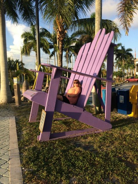 Giant Purple Adirondack Chair at the Key Largo, Florida Visitors Center Giant Furniture, Outdoor Playroom, Giant Chair, Cricket Party, Creative Installation, Wooden Patio Chairs, Kids Indoor Play, Key Largo Florida, Backyard Getaway