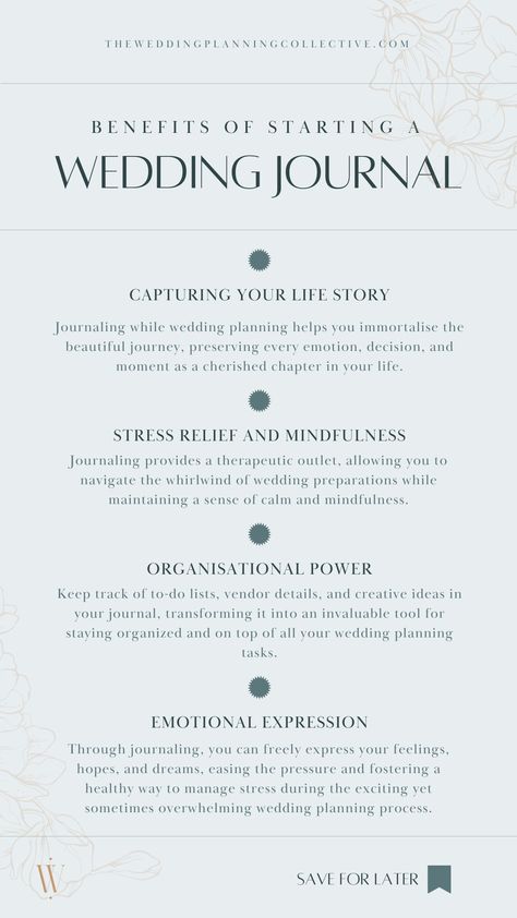 Infographic highlighting 4 benefits of starting a wedding journal. Learn how journaling enhances the planning journey, captures memories, sparks creativity, and fosters emotional expression for a truly enriching experience. Wedding Journal Prompts, Wedding Journal Ideas, My Dream Wedding, Wedding Journal, Journaling Prompts, Commitment Ceremony, Planning Process, By Your Side, Cherished Memories