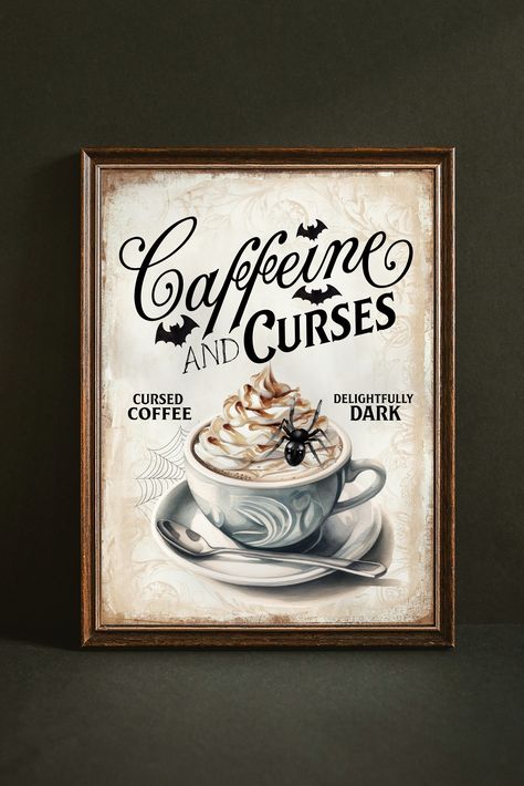 NEW "Caffeine & Curses" Halloween Print. This bewitching print effortlessly blends coffee & spooky. The design showcases a hauntingly delightful cup of coffee, crowned with a spider. Printed on high-quality 300gsm linen textured cardstock, this print is perfect for Halloween decor. Ideal for your Halloween Coffee Bar, or Gothic Kitchen! Halloween Coffee Bar, Halloween Tea Party, Black Christmas Decorations, Witchy House, Spooky Kitchen, Witchy Home Decor, Coffee Nook, Coffee Bar Home, Fall Wall Decor