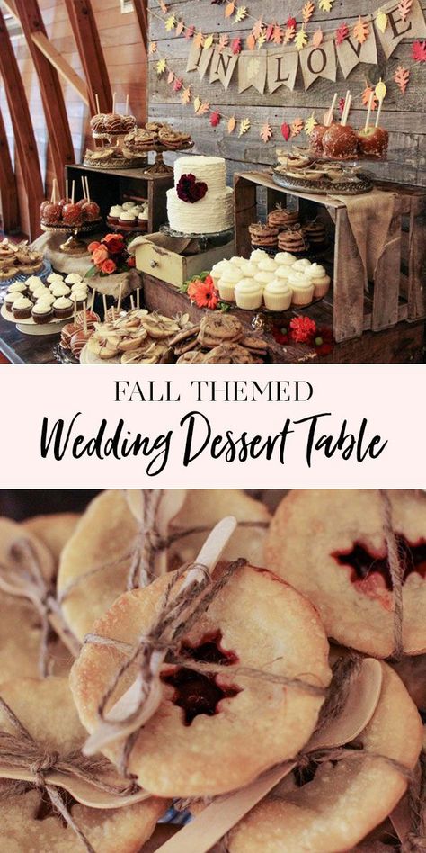 Falling in Love Fall Dessert Table | We created this Falling in Love themed dessert table for Ashly and Scott's fall wedding. The table was filled with caramel apples, cupcakes, mini pies, homestyle cookies, and a rustic buttercream cake. We loved how this table turned out! || JennyCookies.com Fall Bridal Shower Food, Fall Dessert Table Wedding, Fall Dessert Table, Wedding Reception Dessert Table, Fall Themed Desserts, Fall Wedding Desserts, Fall Desserts Table, Rustic Dessert Table, Jenny Cookies