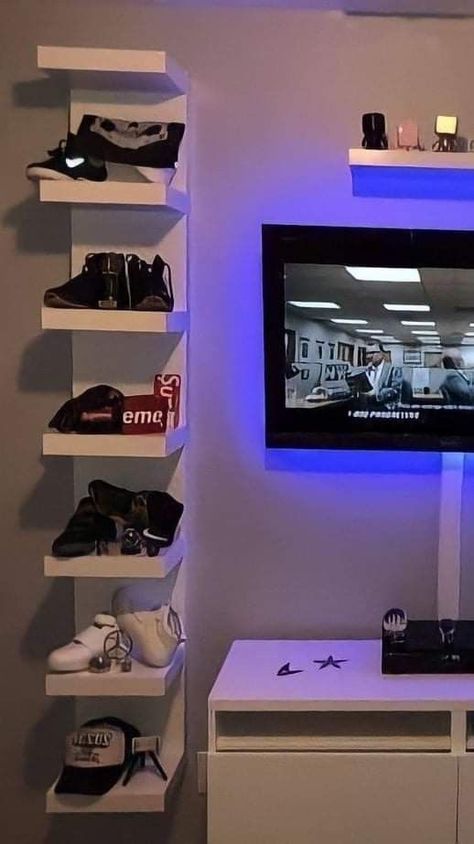 Sneakerhead Bedroom, Column Shelves, Boys Bed, Sneakerhead Room, Mens Bedroom Decor, Hypebeast Room, Home Decor Aesthetic, Aesthetic Garden, Aesthetic Home Decor