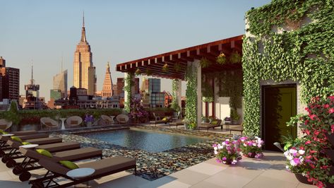 This luxe rooftop pool and garden will stand 430 feet high in Manhattan New York Chelsea, Rooftop Bars Nyc, Nyc Rooftop, Penn Station, Chelsea Hotel, Nyc Bars, Best Rooftop Bars, Nyc Hotels, Rooftop Restaurant