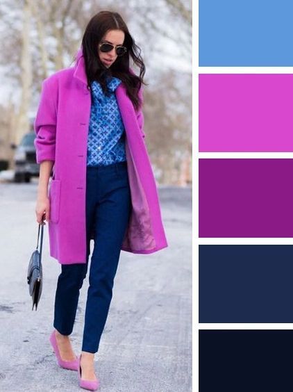 Magenta Shirt Outfit Women, Navy And Fuschia Outfit, Bright Pink Outfit Ideas, Bright Winter Outfits Casual Street Styles, Bright Winter Outfit Ideas, Magenta Coat Outfit, Magenta Jacket Outfit, Magenta Color Combinations Outfit, Bright Spring Color Palette Clothes