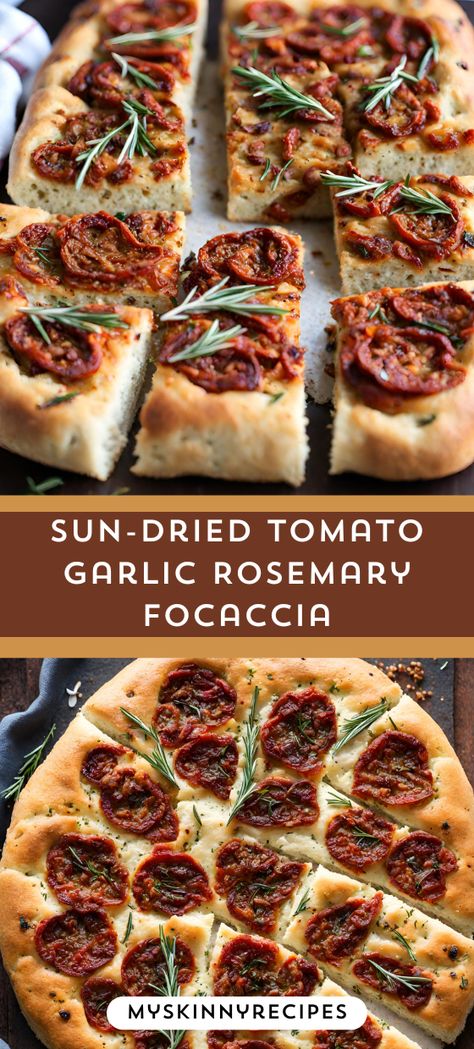 ✨ Dive into the irresistible scent of freshly baked Sun-Dried Tomato Garlic Rosemary Focaccia! 🍅🌿 This simple recipe yields a fluffy bread topped with savory sun-dried tomatoes, aromatic garlic, and fragrant rosemary. Perfect for sharing with loved ones or as a tasty snack. Get ready to elevate your baking game with this delightful treat! Find more delicious recipes on our Pinterest board! 🥖😋#myskinnyrecipes #Focaccia #HomemadeBread #BakingInspiration Foccacia Bread With Tomatoes, Sun Dried Tomato Focaccia, Sundried Tomato Focaccia Bread, Sun Dried Tomato Bread, Foccacia Bread, Rosemary Recipes, Fluffy Bread, Rosemary Focaccia, Rosemary Bread