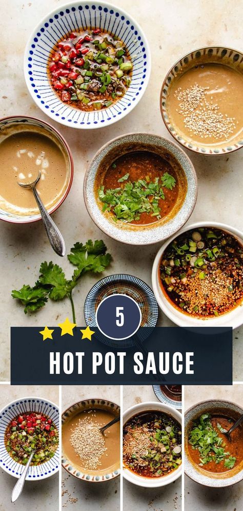 Hotpot sauces with 5 different flavors you can use for hot pot dipping! From Chinese steamboat to Japanese shabu, they are the must-have condiments for hot pot at home! #condiments #sauce #hotpotsauces #hotpot #chineserecipes #dressing #hotpot Hot Pot Sauces, Easy Hot Pot Recipe, Hotpot Dipping Sauce Recipe, Hot Pot Sauce Recipe, Hot Pot Broth Recipe, Hotpot Dipping Sauce, Hot Pot Dipping Sauce Recipe, Shabu Shabu Sauce, Hot Pot Recipes