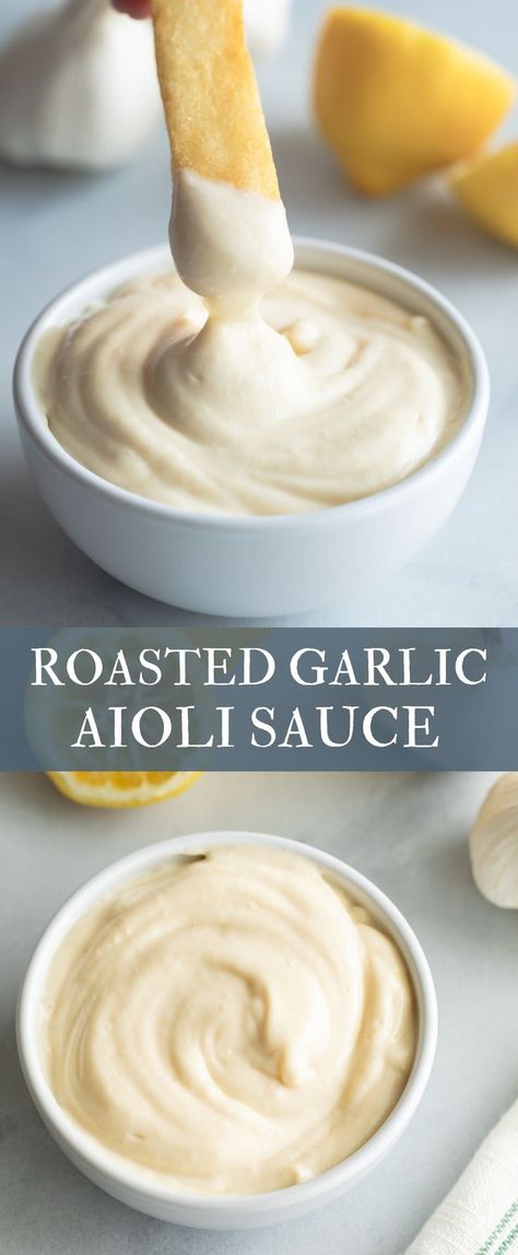 Serve Roasted Garlic Aioli with as a dipping sauce, drizzled over burgers and steaks, or with seafood. #garlic #aioli Steak Aioli Sauce, Garlic Aioli Burger, How To Use Roasted Garlic, Roasted Garlic Aioli Recipe, Garlic Aoli Recipe For Steak, Recipes Using Roasted Garlic, Roasted Garlic Uses, Recipes With Roasted Garlic, Aoli Recipe Aioli Sauce