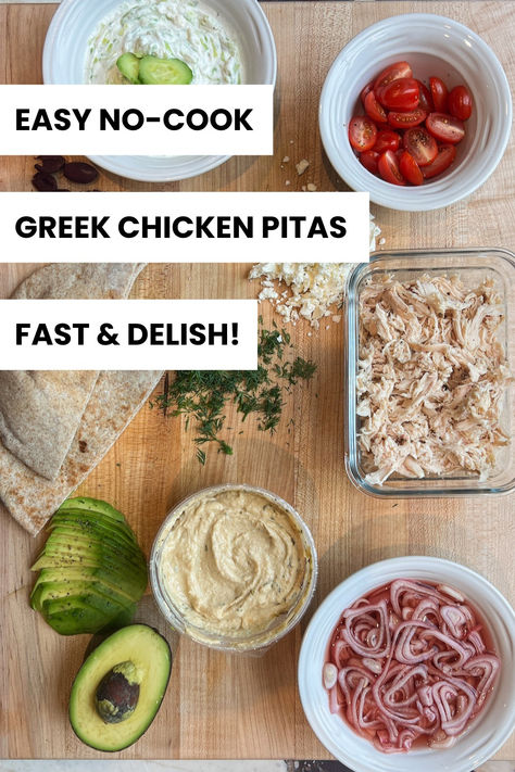 These no-cook Greek Rotisserie Chicken Pitas are a family favorite, especially on busy nights! The Greek-inspired pita pockets are stuffed with rotisserie chicken, homemade tzatziki, and all of your favorite chicken pita wrap toppings for tons of Mediterranean flavor! Chicken Pita Wrap, Greek Chicken Pita, Chicken Pitas, Easy Greek Chicken, Pita Wrap, Greek Pita, Pickled Shallots, Chicken Pita, Cheese Flatbread