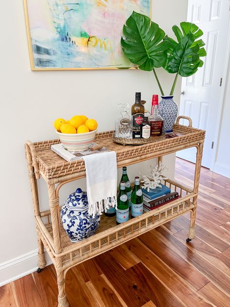 Wicker Bar Cart Styling, Long Bar Cart, Coastal Bar Cart Styling, Preppy Bar Cart Decor, Grand Millennial Bar Cart, Rattan Bar Cart Styling, Charleston Apartment Decor, Serena And Lily Bar Cart Styling, Bamboo Bar Cart