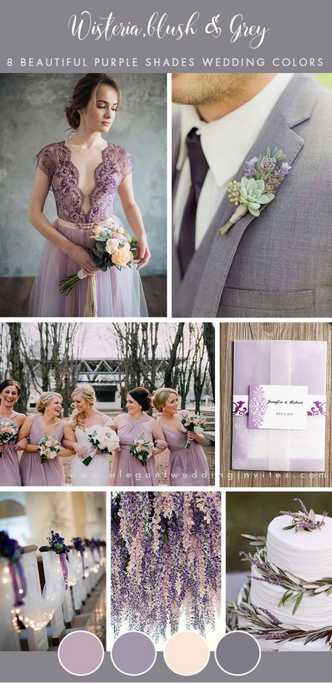 Wisteria Wedding, Gray Wedding Colors, Wedding Color Scheme, Wedding Color Palettes, Best Wedding Colors, Rustic Wedding Decorations, Wedding Color Combos, Outdoor Wedding Dress, Purple Color Schemes