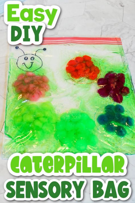 Fine Motor Caterpillar Activity for Toddlers & Preschoolers Very Hungry Caterpillar Sensory, Caterpillar Sensory, Sensory Balloons, The Very Hungry Caterpillar Activities, Hungry Caterpillar Activities, Preschool Supplies, Mess Free Painting, Activity For Preschoolers, Sensory Bag