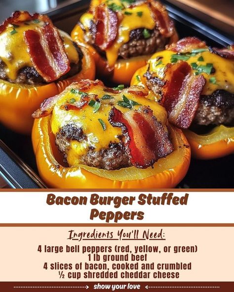 Burger Stuffed Peppers, Bacon Burger, Bell Peppers, Red Peppers, Cheddar Cheese, Easy Recipes, Ground Beef, Peppers, Stuffed Bell Peppers