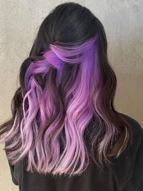 Black Hair With Purple Hidden Color Two Tone Purple Hair, Black Hair With Purple, Hair With Purple, Black And Green Hair, Temporary Hair Color Spray, Edgy Hair Color, Two Tone Hair, Arctic Fox Hair Color, Korean Hair Color