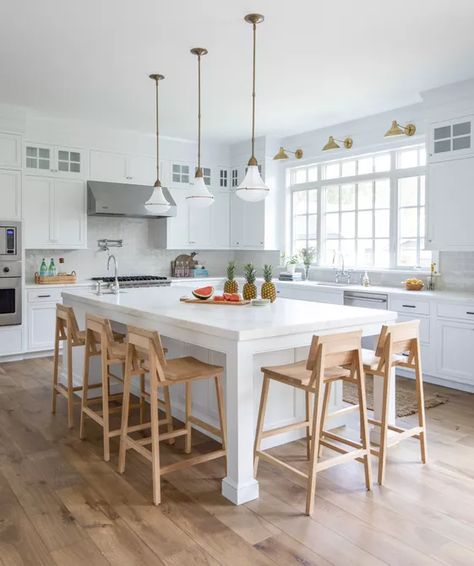 Coastal Kitchen Ideas White Subway Tile Backsplash, Beach House Kitchens, Stools For Kitchen Island, White Oak Wood, Coastal Kitchen, White Cabinetry, Wood Bar Stools, White Countertops, Chic Kitchen