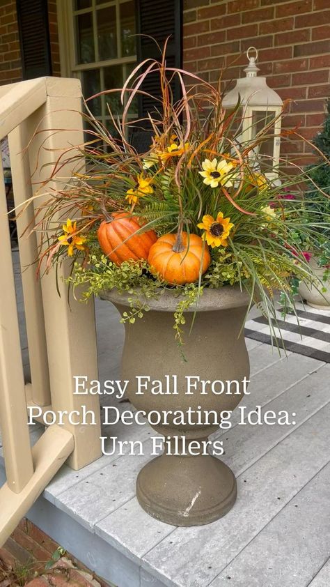 Fall Urn, Fall Flower Pots, Fall Cabin, Porch Planter, Fall Pots, Front Porch Decorating Ideas, Porch Pots, Fall Yard Decor, Fall Landscaping