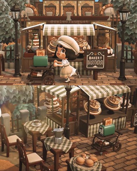 Animal Crossing Inspiration on Instagram: "I like big buns and I cannot lie 🍞🥖 What a cute bakery and what a cute pose 🧡 Also, love the preset so much! — credits — 📸 pic + scene by @isleofaugust 🧡 🛒 scooter trick by @honeycomb__crossing 🎨 designs: gingham by @zoooacnh, bread basket by @suiyuyu, top panels by @/C67400kohaku (Twitter)" Acnh Bakery, Animal Crossing Inspiration, Cute Bakery, Bread Shop, Cute Pose, Big Bun, Bakery Shop, Animal Crossing Qr, Cute Poses