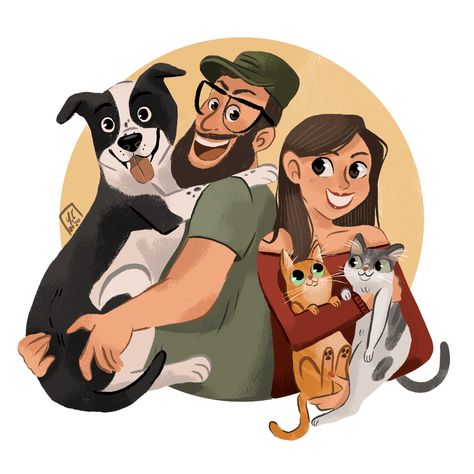 People & Pets on Behance Family With Dog Illustration, Couple Dog Illustration, Couple With Dog Illustration, Dog And Human Illustration, Family Portraits Drawing, Dogs Character Design, Family Cartoon Illustration, Dog And Cat Drawing, Family Character Design