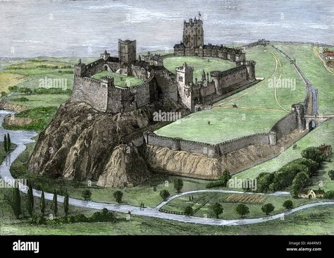 Download this stock image: Medieval Nottingham Castle overlooking the Trent River and English countryside about 1500 (demolished in 1649). Hand-colored woodcut - A64RM3 from Alamy's library of millions of high resolution stock photos, illustrations and vectors. Clumber Park, Wind Pictures, Nottingham Castle, British Castles, Black Castle, Castles In England, Bookish Things, Vintage Traditional, British Art