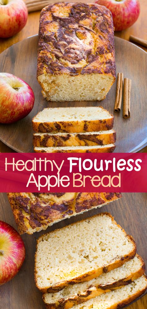 Healthy Flourless Apple Cinnamon Bread - Healthy Breakfast Recipe Low Calorie Apple Desserts Healthy, Healthy Loaf Bread Recipes, Almond Flour Applesauce Bread, Low Fat Baked Goods, Protein Apple Bread, Clean Eating Bread Recipes, Healthy Apple Loaf, Apple Healthy Dessert, Healthy Apple Bread