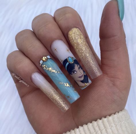 Princess Jasmine Nails, Aladdin Nails, Nail Glow, Jasmine Nails, Disney Princess Nails, Character Nails, Princess Nails, Disney Inspired Nails, Nail Art Disney