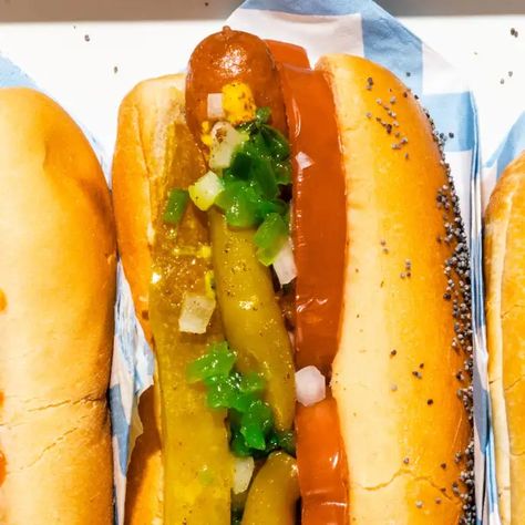 Chicago-Style Hot Dogs | Cook's Country Recipe Chicago Dog Recipe, Poppy Seed Buns, Sport Peppers, Italian Hot Dog, Sweet Pickle Relish, Fried Hot Dogs, Chicago Style Hot Dog, Cooks Country Recipes, Donut Toppings