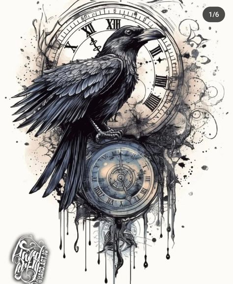 Crow And Clock Tattoo, Norse Raven Tattoo, Tattoo Medieval, Polka Tattoo Designs, Tatuaje Trash Polka, Trash Polka Tattoos, Rabe Tattoo, Trash Polka Tattoo Designs, Vogel Tattoo