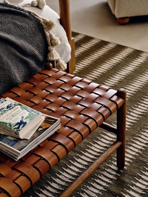 Fern Bench, Tan Leather UK - Soho Home Woven Leather Bench, Soho House Barcelona, Alternative Seating, Soho Home, Long Hallway, Leather Bench, Leather Footstool, Ottoman Footstool, Soho House