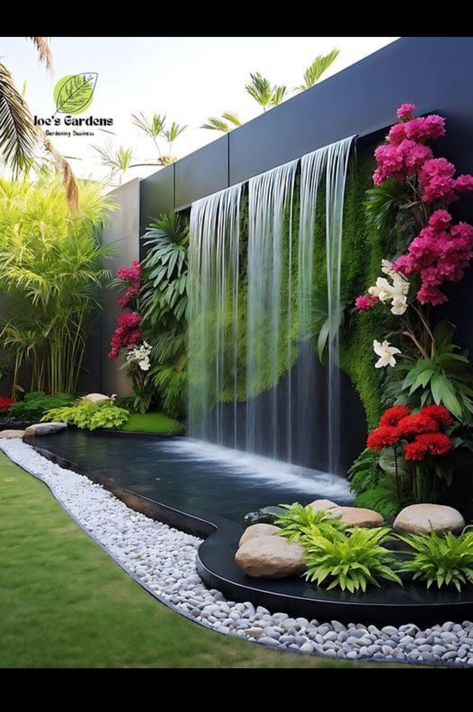 Cascade Waterfall Garden, Waterfall Wall Outdoor Landscape Design, Garden Wall Water Feature, Wall Waterfall Outdoor, Water Fountain Wall, Wall Fountain Outdoor, Corner Fountain, Small Garden Waterfalls, Outdoor Wall Fountains