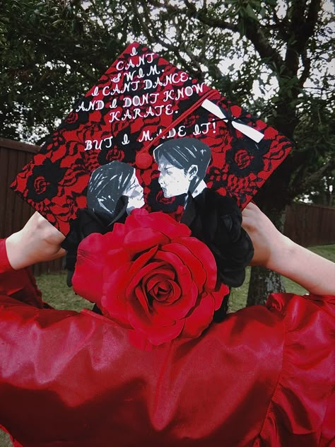 Emo Prom Decorations, Mcr Grad Cap, My Chemical Romance Graduation Cap, Graduation Cap Designs Emo, Emo Grad Cap, Horror Graduation Cap, Emo Promposal, Gothic Graduation Cap, Goth Grad Cap