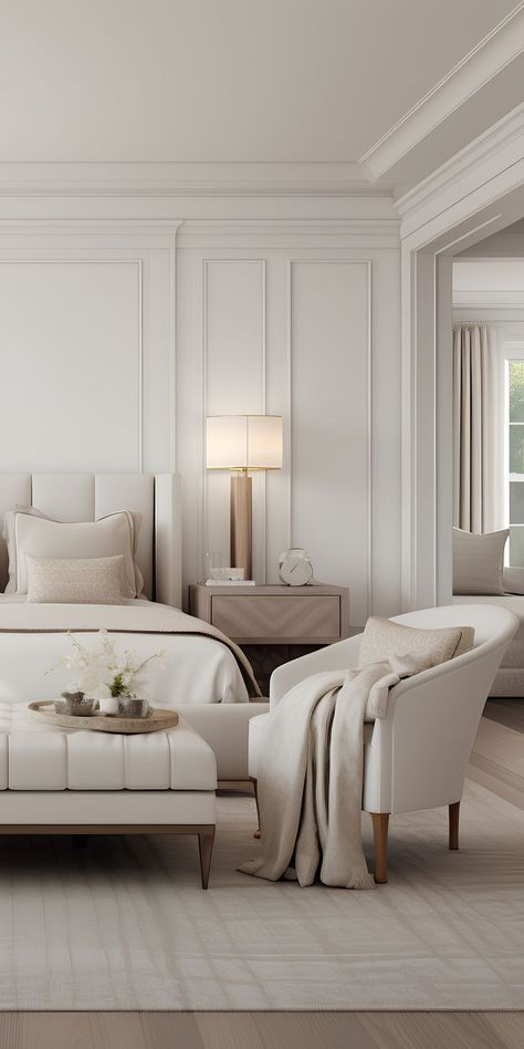 Cream Aesthetic Bedroom Ideas, Monochromatic Bedroom Cream, Master Bedrooms Minimalist, American Classic House Interior, Cream And Beige Bedroom, Elegant Girls Room, Classic Contemporary Bedroom, Classic House Interior, Off White Bedrooms