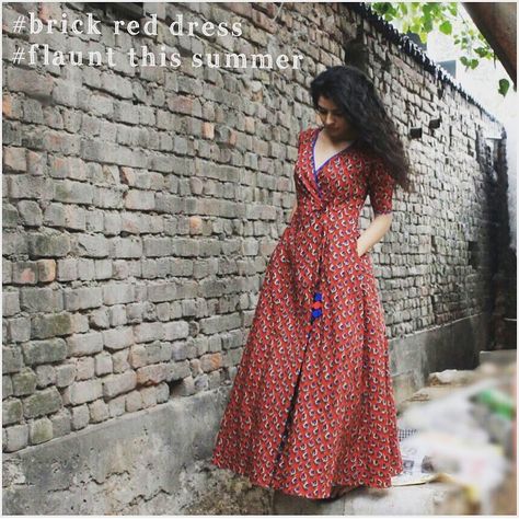 187 Likes, 2 Comments - C H A R K H E E (@charkheethelabel) on Instagram: “flaunt your candid style in our brick red wrap dress #charkheewomencollection #purecotton…” Long Cotton Dress, Trendy Kurti, The Secret Label, Red Wrap Dress, Casual Frocks, Cotton Gowns, Designer Kurti Patterns, Frock For Women, Casual Indian Fashion