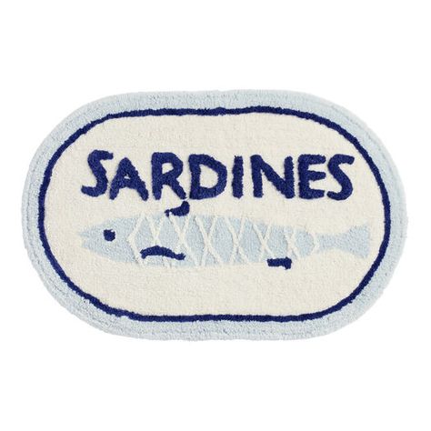 Oval Blue and Ivory Sardine Can Bath Mat by World Market Bathroom Ocean Theme, Ocean Bathroom Decor, Sardine Can, Florida Apartments, Ocean Bathroom, Blue Bath Mat, White Bathroom Decor, Beach Humor, Bathroom Rugs And Mats