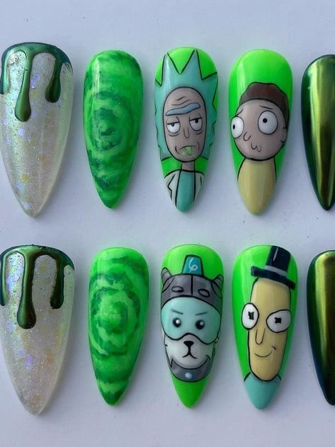 Rick And Morty Nail Art, Nail Art Cartoon Characters, Rick And Morty Nails, Nail Art Cartoon, Kid Nails, Baby Blender, Rick E Morty, Cartoon Nail Designs, Nails Disney