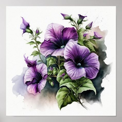 Purple Petunias Flower Art Print Poster Ravivarma Paintings, Cell Wallpaper, Purple Petunias, Petunia Flower, Watercolor Markers, Flower Art Print, Flower Sketches, Nature Art Painting, Flower Prints Art