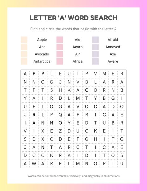 This is a fun word search game to increase the number of words you know for the letter A. #EnglishRecord#nouns#alphabet#fun#activities#for#kids#colour#in#learning#global#funactivites#Englishactivity#letter#A#teenagers#Adults#vocabulary#Englishactivity Letter A Words, Fun Word Search, Word Search Games, The Letter A, English Activities, Search And Find, Fun Activities For Kids, Letter A, Coloring For Kids