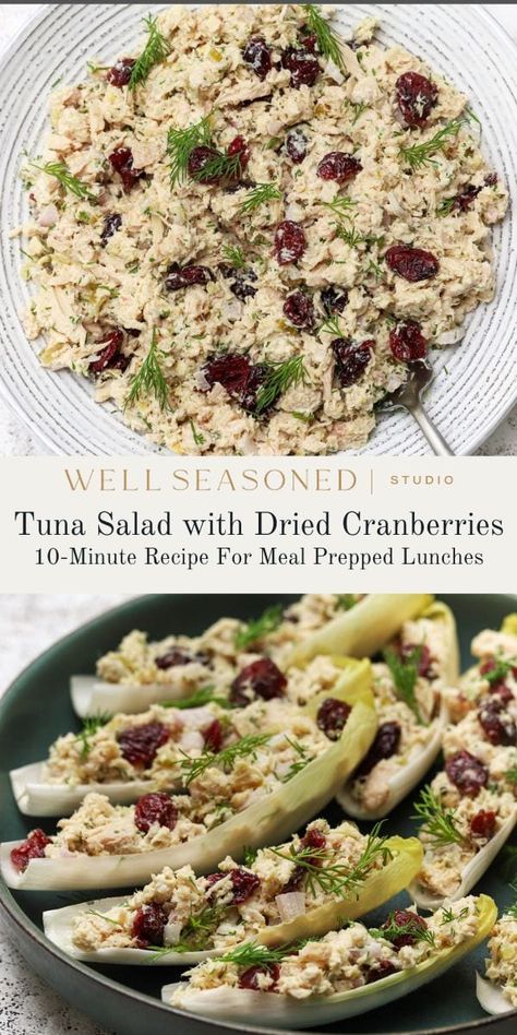 This is my twist on a classic tuna salad recipe. It's light on mayonnaise, has a citrusy taste, and is subtly sweet from dried cranberries that balance out the flavor of the tuna. I add chopped shallot for a delicate onion flavor and crunch, but you can omit if you like. Don't forget the fresh dill, which really brings it all together. Enjoy with crackers, served in endive leaves, or as an epic tuna sandwich! Gluten-free. #wellseasonedstudio #tuna #tunasalad #tunasaladrecipe Salad With Dried Cranberries, Classic Tuna Salad Recipe, Healthy Tuna Recipes, Best Tuna Salad Recipe, Classic Tuna Salad, Best Tuna Salad, Canned Tuna Recipes, Healthy Food Habits, Summer Diet