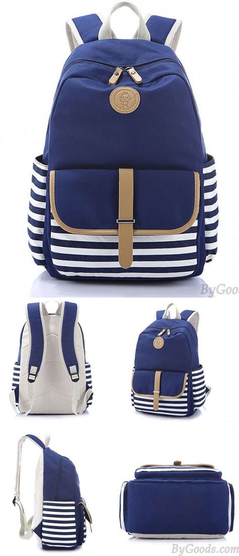 Simple Stripe Backpack Canvas School Bag Travel Bag for big sale! #backpack #stripe #bag #school #college #travel College Canvas, Lace Backpack, Style College, Retro Backpack, Canvas Rucksack, Diy Backpack, Bag Essentials, Bag School, Cute Backpacks