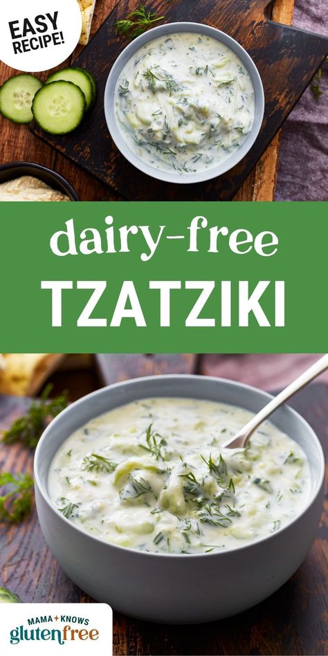 This Gluten Free Dairy Free Tzatziki is a refreshing dip made with tangy vegan yogurt and fresh ingredients. Perfect for snacking, dipping, or drizzling over your favorite dishes! Pop over to my site for this easy dairy free sauce recipe! Dairy Free Sauce Recipes, Dairy Free Tzatziki, Dairy Free Sauce, Greek Tzatziki Recipe, Mama Knows Gluten Free, Greek Tzatziki, Balsamic Vinaigrette Salad, Tzatziki Recipe, Gluten Free Pita