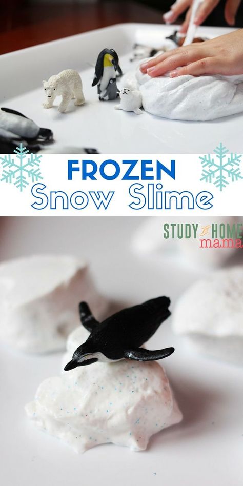 FROZEN Snow Slime - two great sensory play materials in one! Make sparkly snow slime and then freeze it for a fun adventure in texture, temperature, and Arctic sensory play. Arctic Vbs, Frozen Slime, Arctic Animals Preschool, Snow Slime, Polo Nord, Frozen Snow, Snow Theme, Polar Animals, Winter Preschool