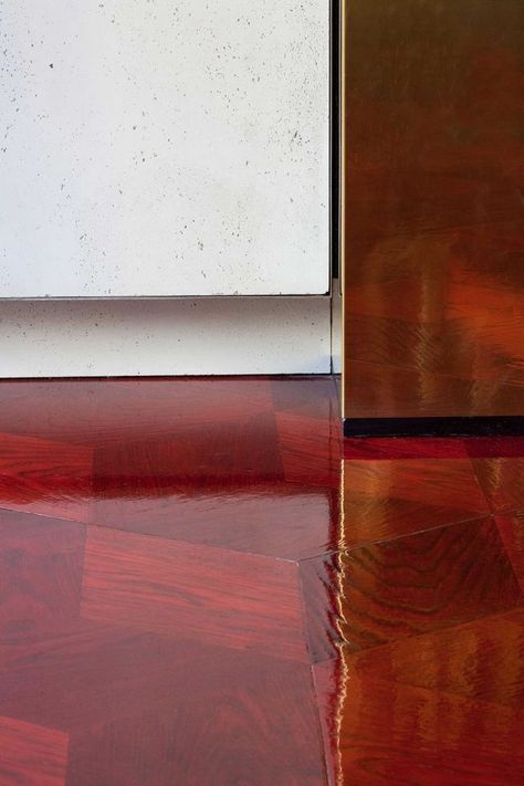 Concrete Flat by Rodolphe Parente // Paris. | Yellowtrace | Bloglovin’ Red Floor, Concrete Kitchen, Built In Furniture, Red Stain, Floor Ceiling, Material Palette, Red Rooms, Basement Flooring, Paris Design