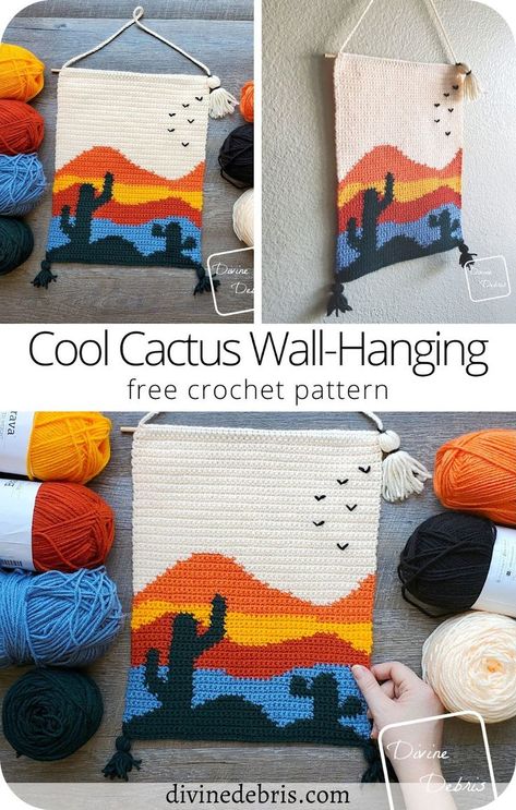 Learn to make the fun and colorful piece of home decor, the Cool Cactus Wall-Hanging from a graph available for free on DivineDebris.com Cool Cactus, Crochet Wall Art, Crochet Graph, Graph Crochet, Cactus Wall, Crochet Wall Hangings, Mode Crochet, Tapestry Crochet Patterns, Stitch Crochet