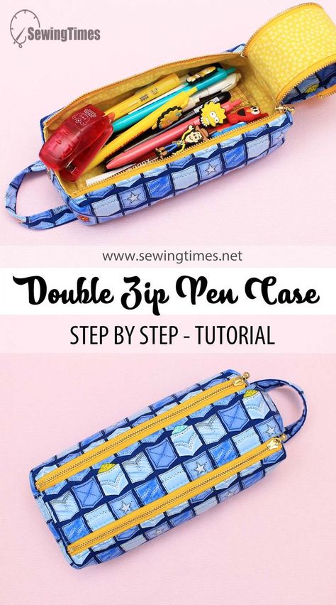 DIY Double Zipper Pencil Case | How to sew a Makeup Bag with Two Zip [sewingtimes] Double Zipper Pencil Case, Zip And Go Bag Pattern, Boxy Pencil Pouch, Pencil Cases Diy, Free Zipper Pouch Pattern, Pencil Case Pattern Free, Pencil Case Sewing Pattern Free, How To Make A Pencil Case, Diy Pencil Case Pattern