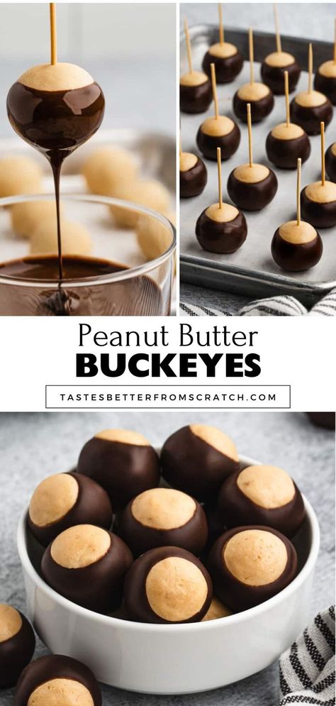 Homemade Buckeyes, showcasing peanut butter and chocolate candy. Best Buckeyes Recipe, Easy Buckeye Recipe, Homemade Chocolate Candy Recipes, Buckeye Recipe Easy, No Bake Peanut Butter Balls, Buckeye Recipe, Homemade Chocolate Candy, Buckeyes Recipe, Holiday Candy Recipes