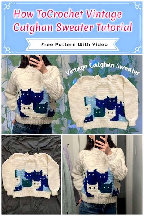 Crochet Vintage Catghan Sweater Tutorial Crochet Cute Sweater Pattern Free, Catghan Pattern, Cat Cardigan Crochet, Catghan Crochet, Patterned Crochet Sweater, Vintage Crochet Projects, Free Cat Sweater Crochet Patterns, Vintage Crochet Sweater Pattern, Cute Sweater Crochet Pattern