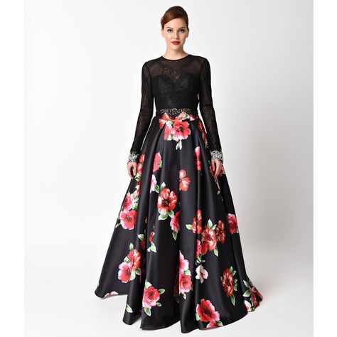 Black Floral Print Long Sleeve Two Piece Gown ($326) ❤ liked on Polyvore featuring black, floral two piece, plus size two piece, sexy two piece and lace two piece Floral Prom Dress Long, Plus Size Velvet Dress, Prom Dresses Long Modest, Floral Long Skirt, Holiday Party Outfit Ideas, Two Pieces Dress, Plus Size Velvet, Two Piece Gown, Floral Prom Dresses