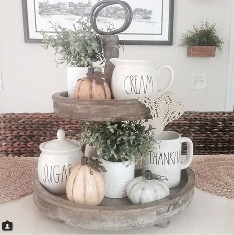 How to decorate a rustic tiered tray for fall with Rae Dunn pottery, pumpkins and greenery.#creativegreenliving #farmhouse #farmhousedecor #farmhousestyle #modernfarmhouse #falldecorideas Farmhouse Chic Living Room, Three Tiered Tray, Fall Fireplace, Farmhouse Style Living Room, Farmhouse Tray, Fall Decor Ideas, Thanksgiving Table Settings, Rustic Farmhouse Style, Style Fall