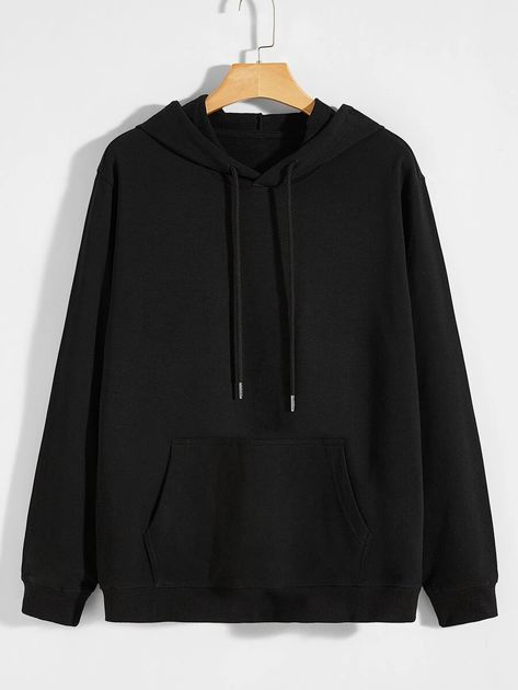 SHEIN BASICS Men Solid Kangaroo Pocket Drawstring Hoodie | SHEIN USA Chunky Hoodie, Plain Hoodies, Men Sweatshirts, Cardigan Sweater Jacket, Boutique Tops, Black Fleece, Cardigan Sweaters For Women, Drawstring Hoodie, Sweater Jacket