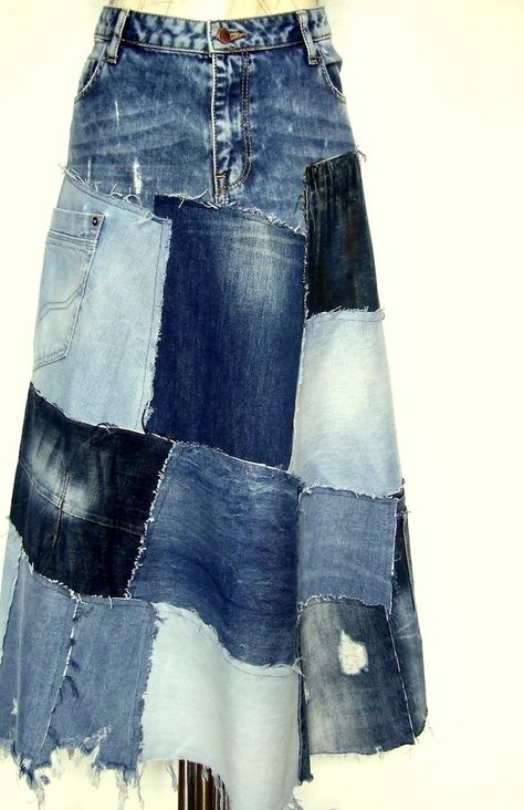 Upcycled Denim Skirt, Denim Diy Clothes, Ropa Upcycling, Patchwork Denim Skirt, Skirt Asymmetrical, Denim Crafts Diy, Repurposed Denim, Upcycle Clothes Diy, Patch Dress