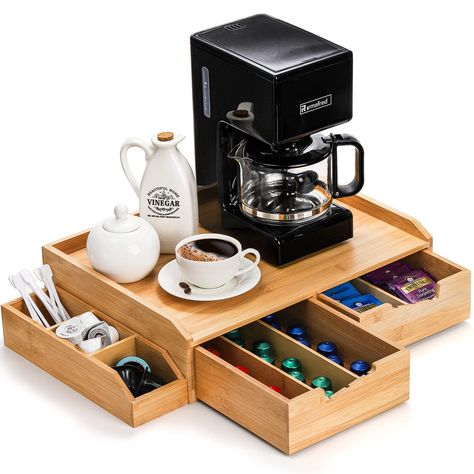 PRICES MAY VARY. Include a bamboo drawer organizer with a storage box on the side. Dimension: 16.1'' x 11.8'' x 4.2''. Can hold coffee capsules, small/large pods, K-cups, tea bags, creamer, or knives and fork. Natural Material: The coffee pod storage is made of bamboo, durable and strong, can withstand a weight of over 10lb, so you can put the coffee maker on the coffee pod holders directly. Adjustable Divider: The tea bag storage drawer has 3 dividers, you can organize your coffee pods by brand Coffee Filters Storage, Office Coffee Bar, Cup Organizer, Bamboo Drawer, Coffee Organization, Tea Bag Storage, Coffee Pod Storage, Tea Organization, Coffee Maker Machine